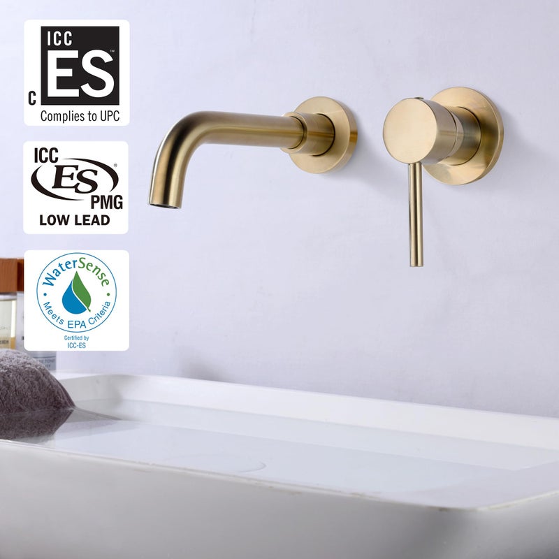 Sumerain Wall Mount Bathroom Faucet Brushed Gold,Single Handle with Brass Rough-in Valve - Image 2